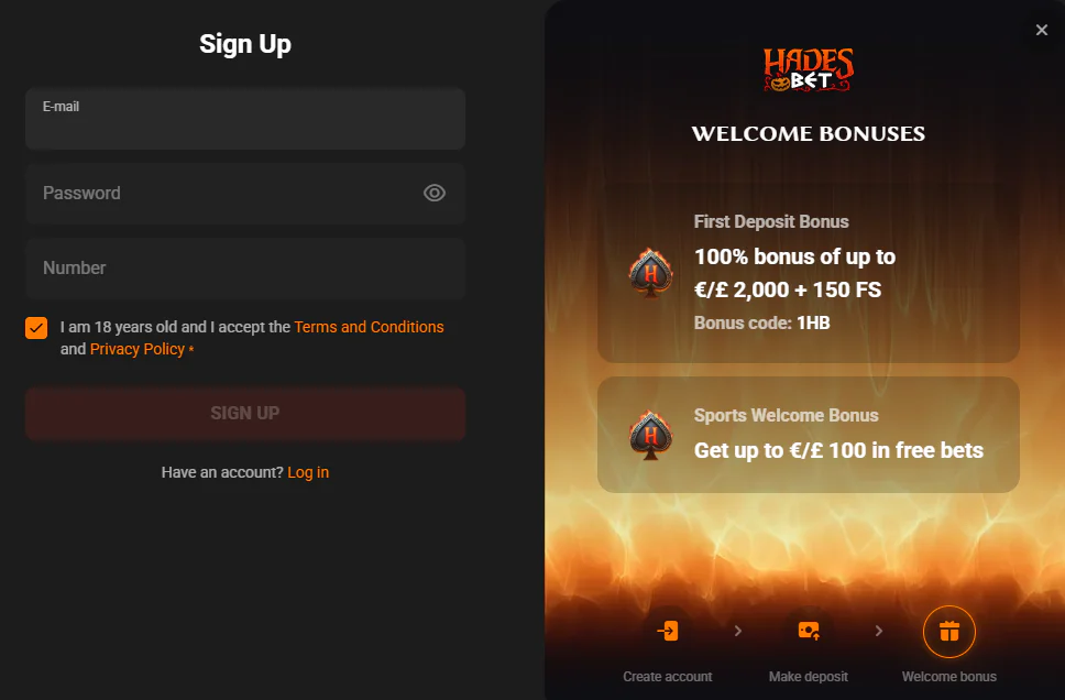 HadesBet sign-up form with first deposit bonus, sports welcome offer and age confirmation